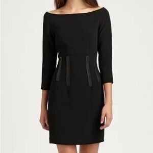 rag & bone black boatneck mini party dress with leather trim 3/4 sleeve size 4